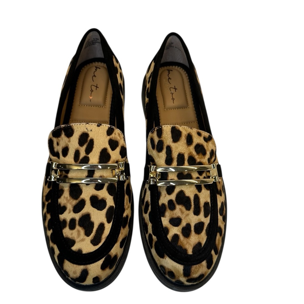 Me Too Leopard Print Haircalf Loafers with Gold Bar. Sz: 9.5